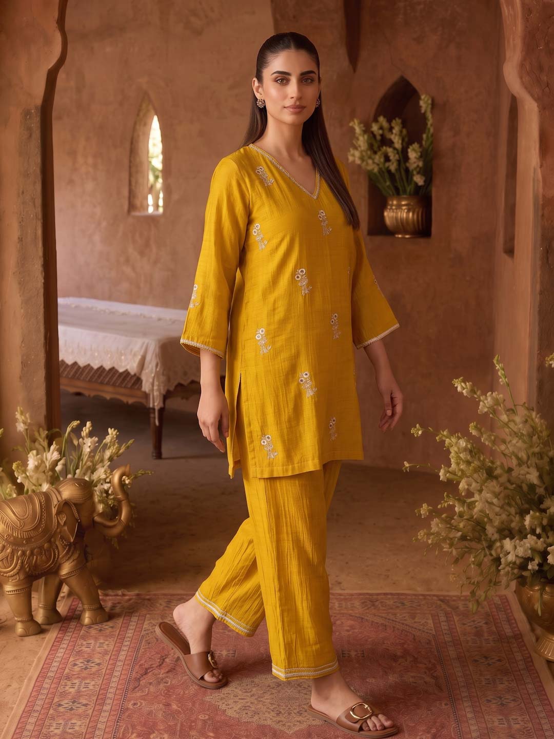 MUSTARD YELLOW MUL CHANDERI HANDWORK CO-ORD SET
