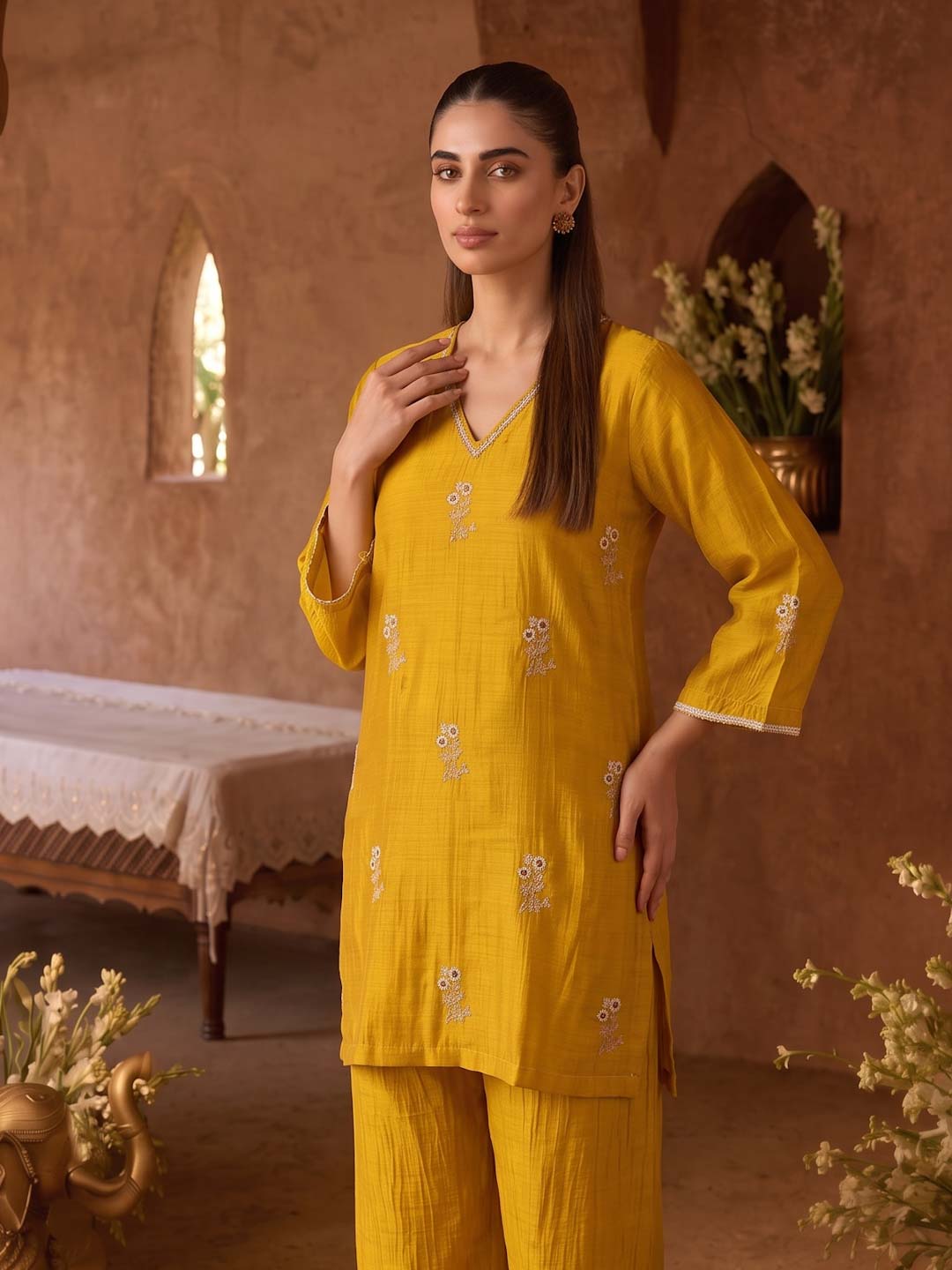 MUSTARD YELLOW MUL CHANDERI HANDWORK CO-ORD SET