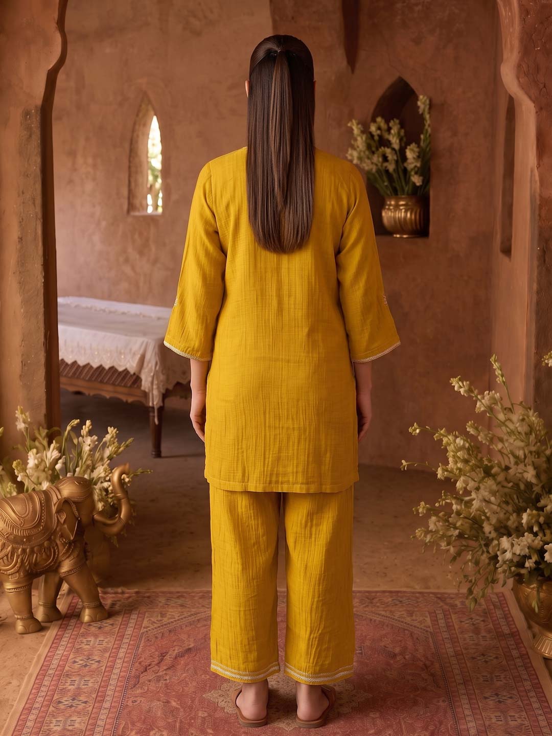 MUSTARD YELLOW MUL CHANDERI HANDWORK CO-ORD SET