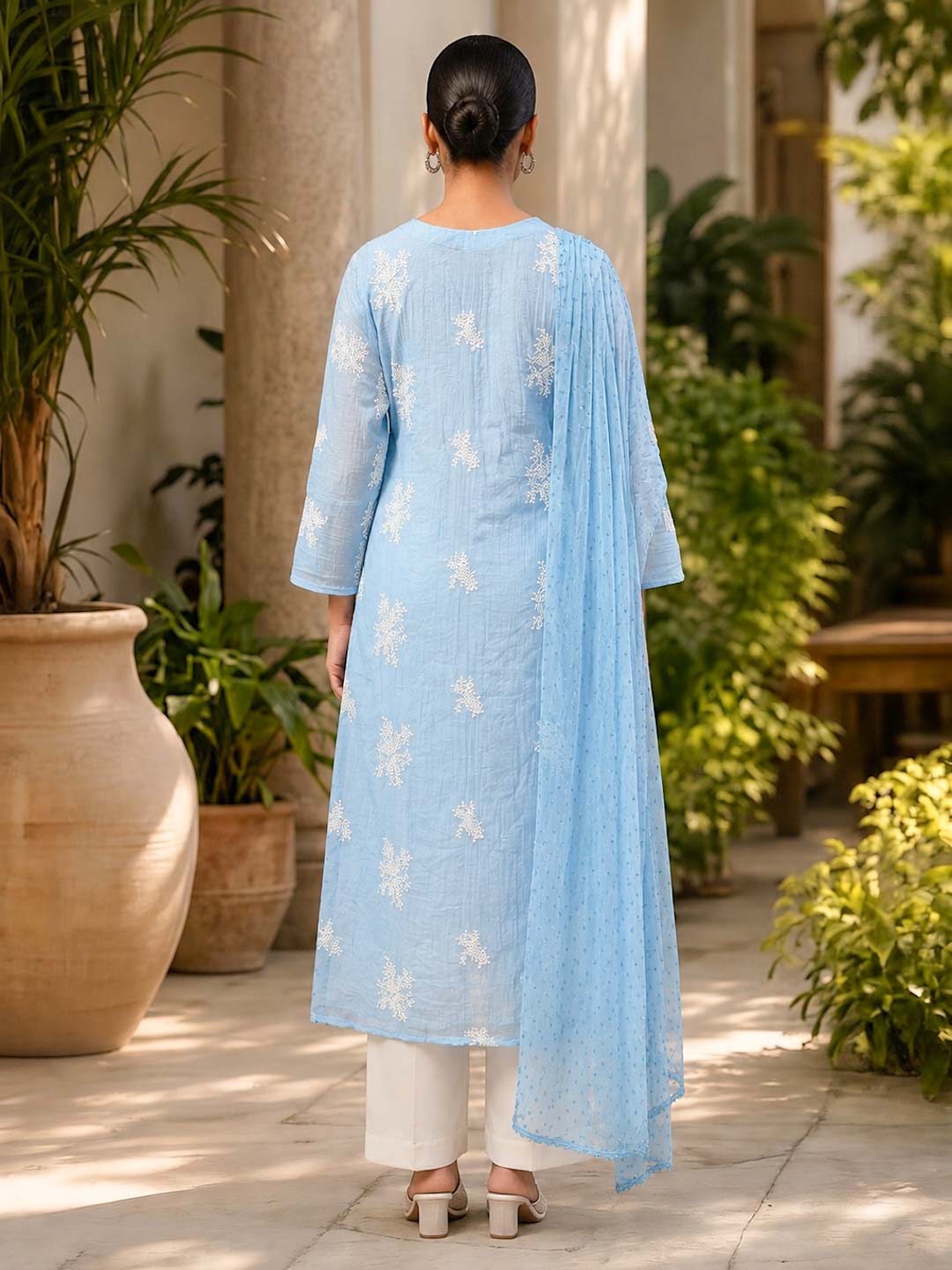 BLUE MUL CHANDERI EMBROIDERY LACE WORK