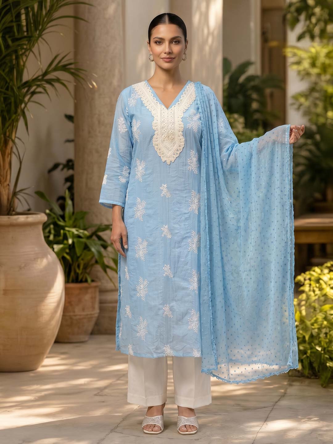 BLUE MUL CHANDERI EMBROIDERY LACE WORK