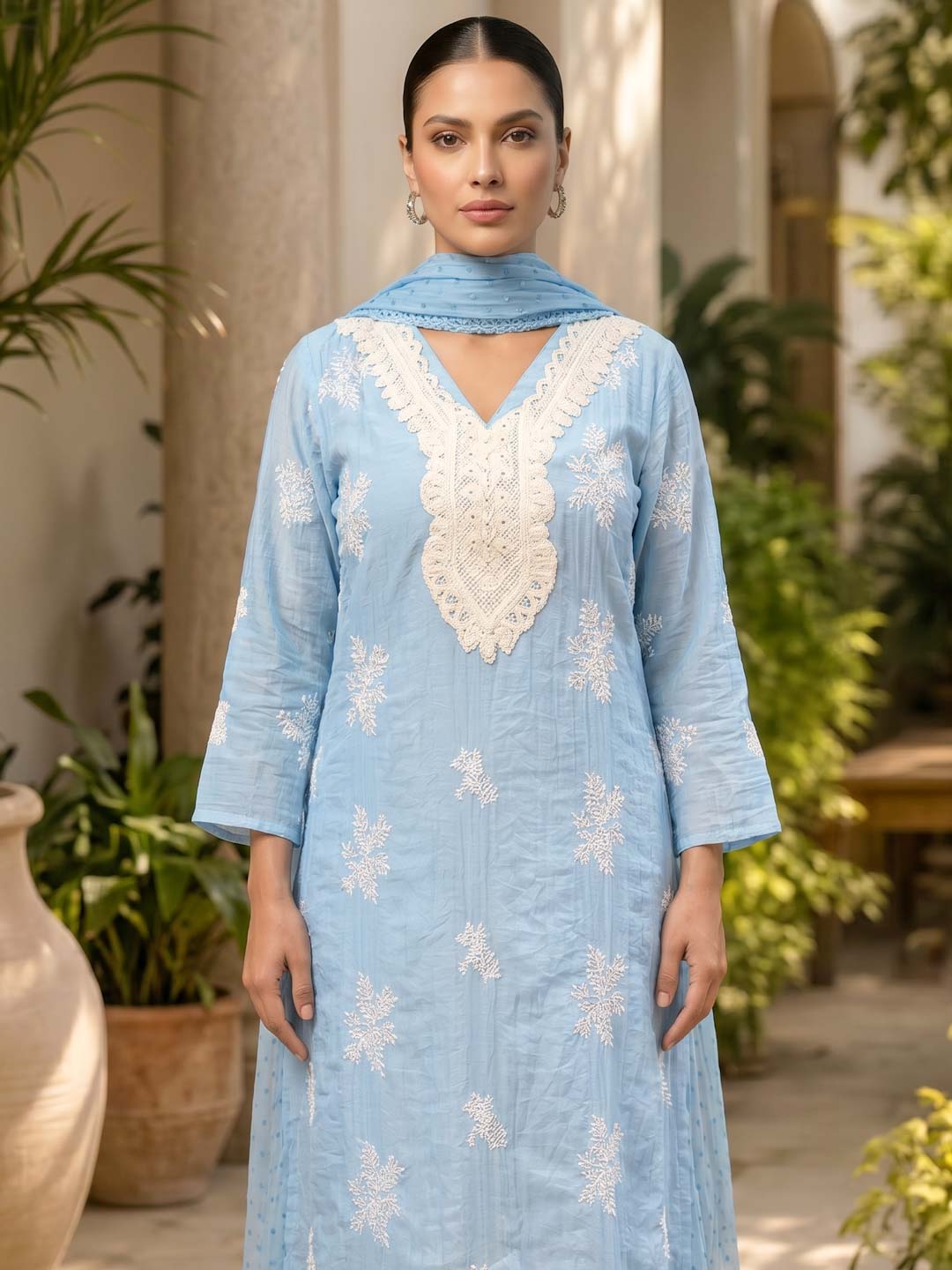 BLUE MUL CHANDERI EMBROIDERY LACE WORK