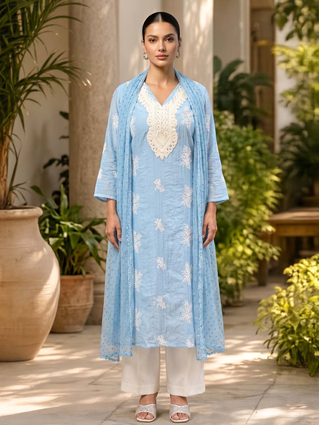 BLUE MUL CHANDERI EMBROIDERY LACE WORK