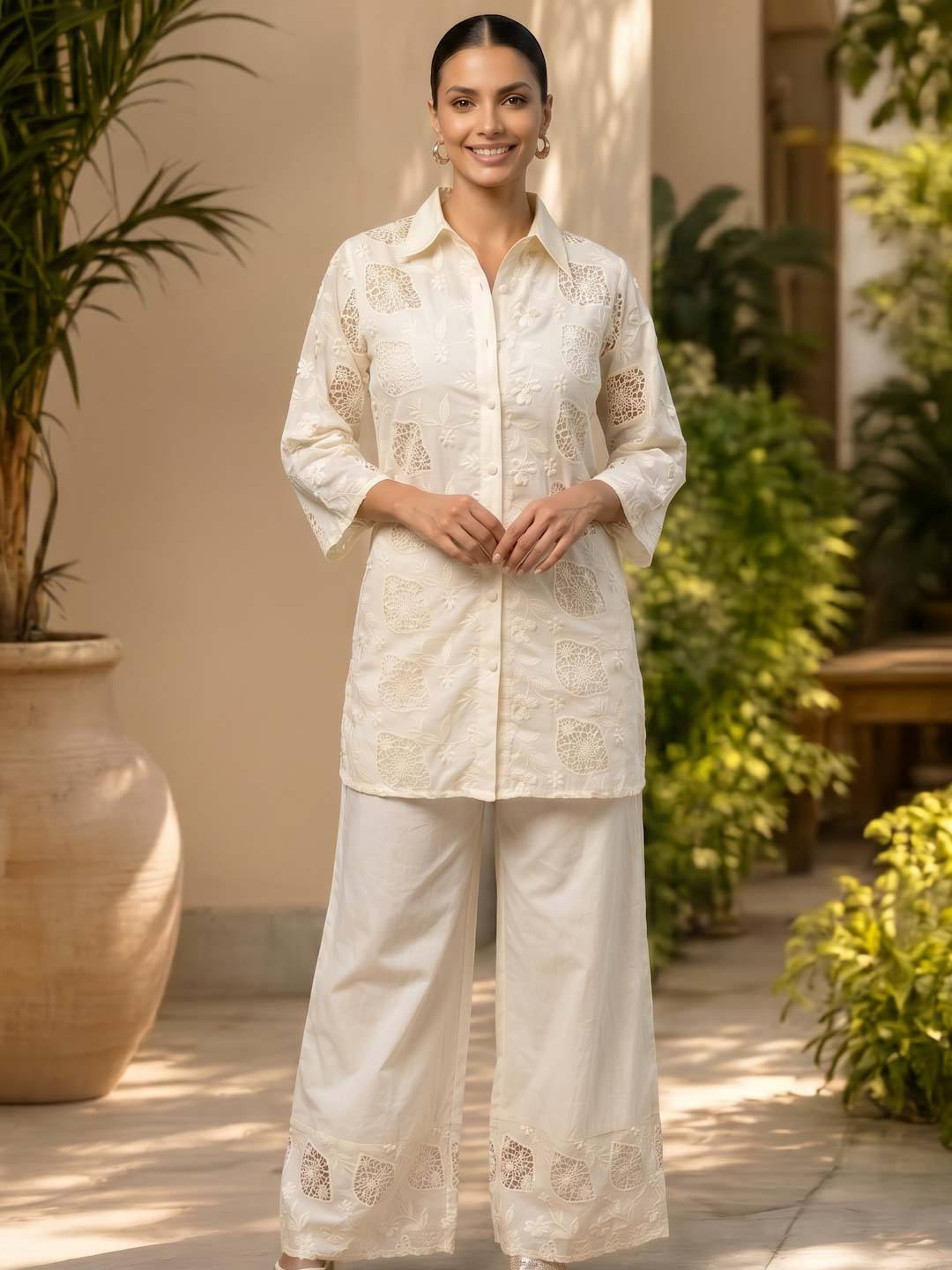 CREAM MUL COTTON SCHIFFLI CO-ORD SET