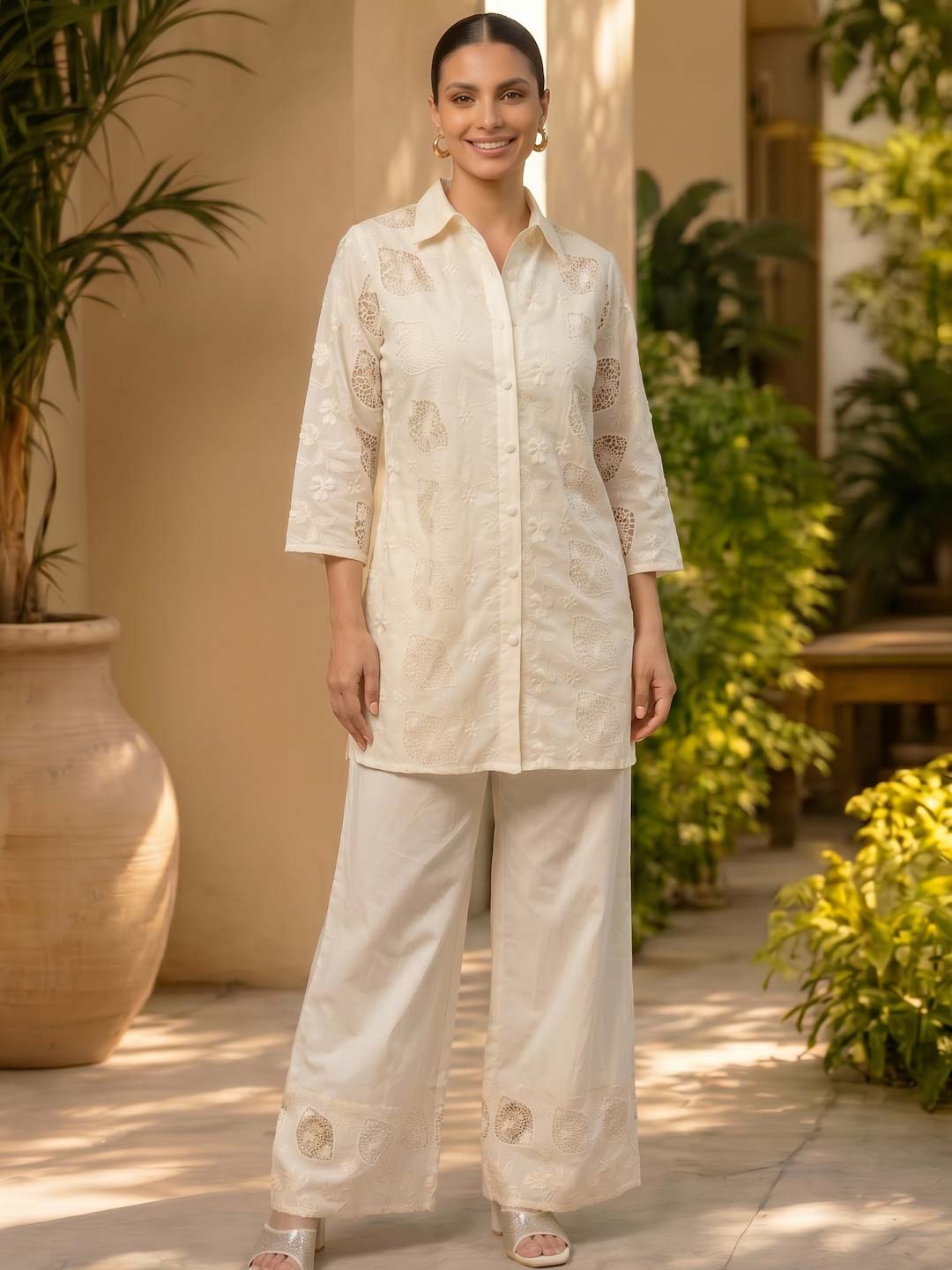 CREAM MUL COTTON SCHIFFLI CO-ORD SET