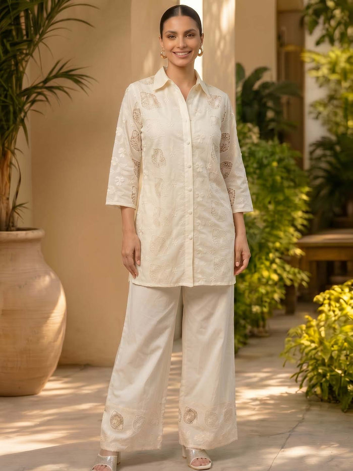 CREAM MUL COTTON SCHIFFLI CO-ORD SET