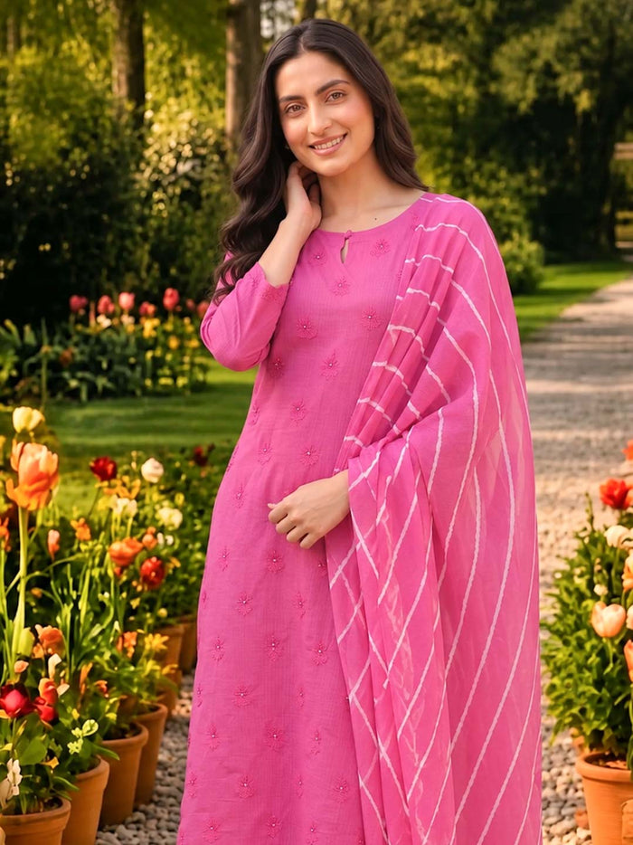HOT PINK KOTA DORIA SUIT SET WITH EMBROIDERY AND KOTA DUPATTA