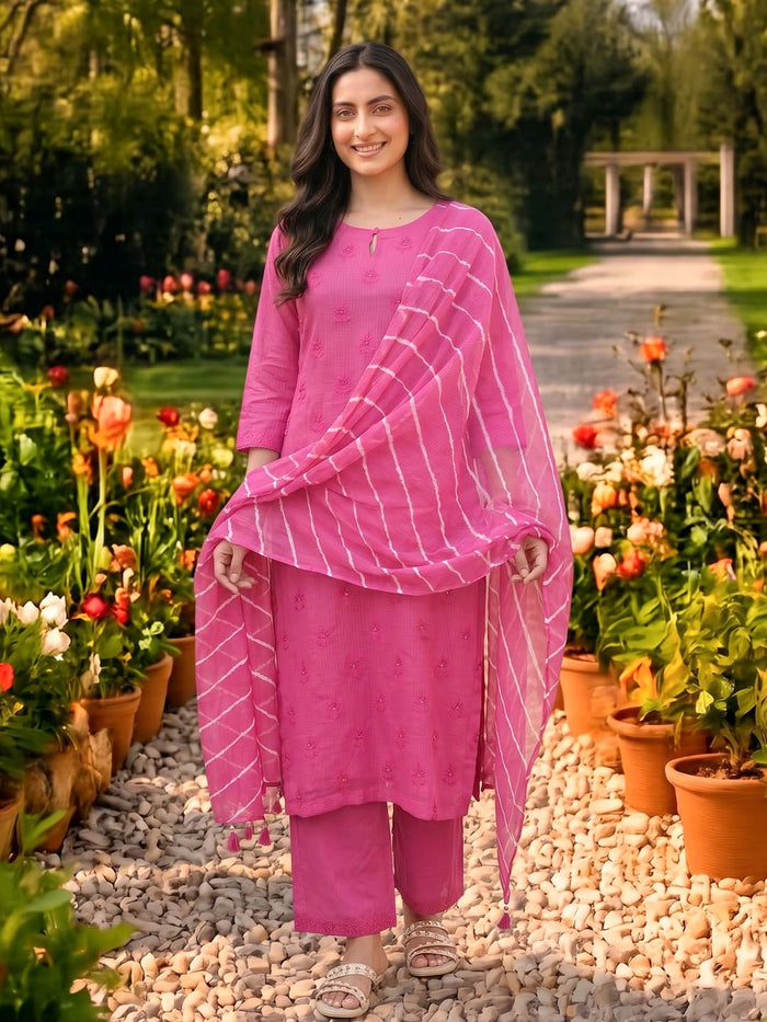 HOT PINK KOTA DORIA SUIT SET WITH EMBROIDERY AND KOTA DUPATTA