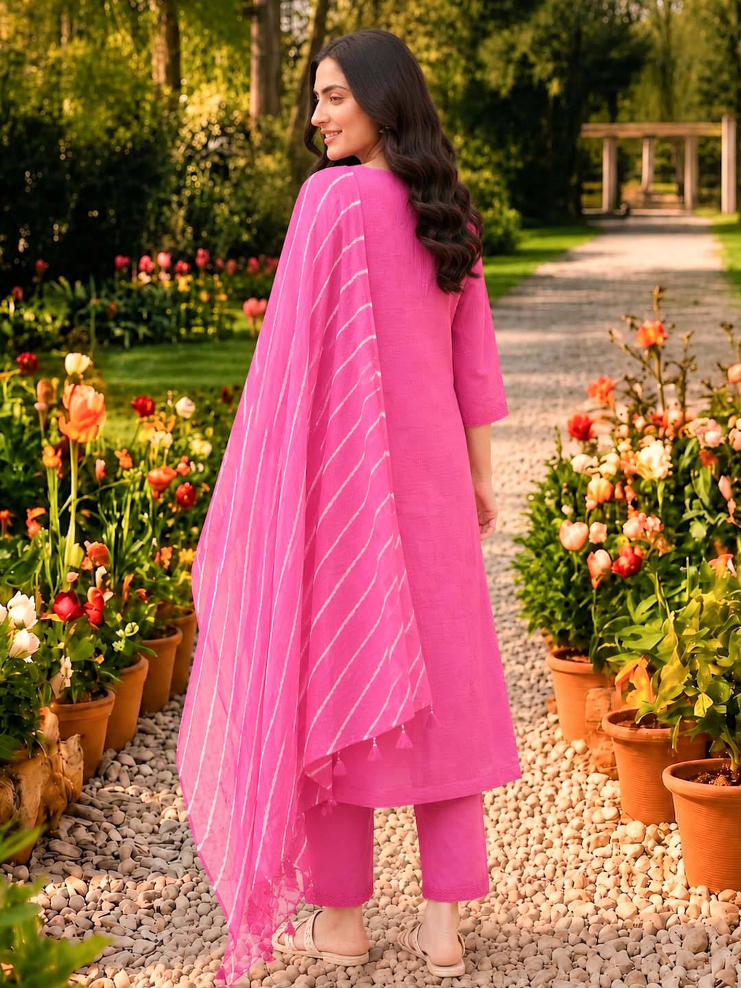 HOT PINK KOTA DORIA SUIT SET WITH EMBROIDERY AND KOTA DUPATTA