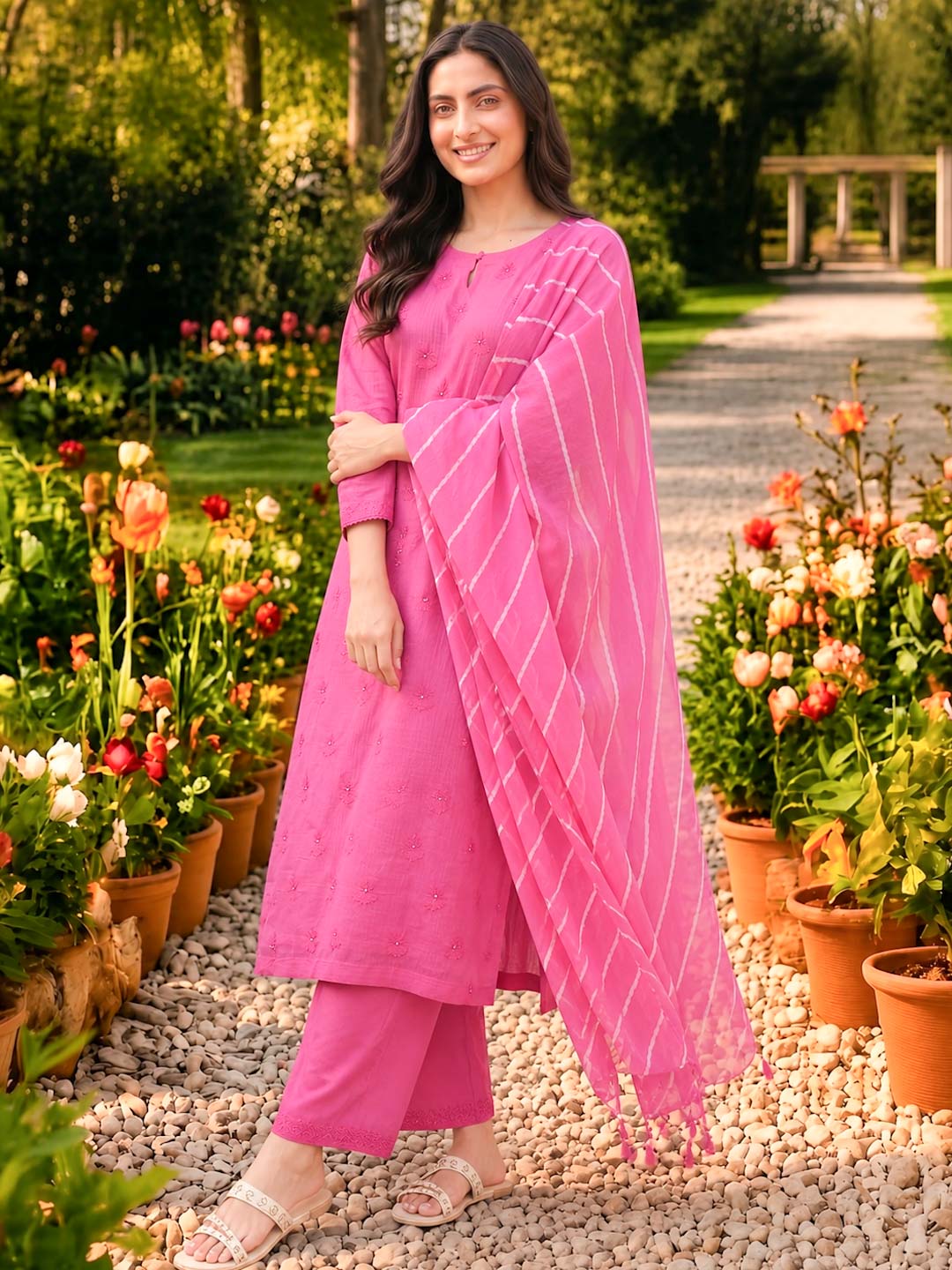 HOT PINK KOTA DORIA SUIT SET WITH EMBROIDERY AND KOTA DUPATTA