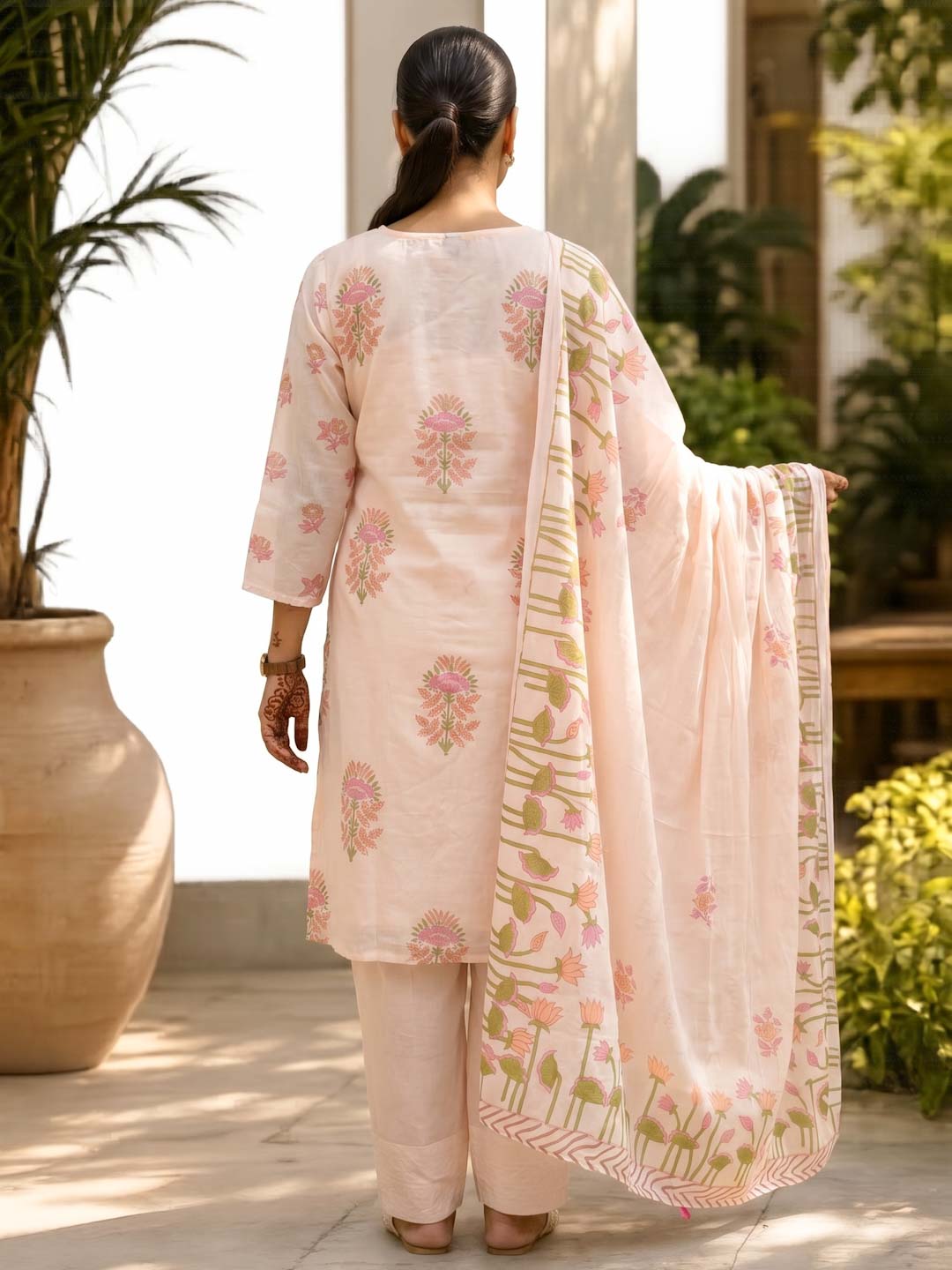 PEACH MUL COTTON SUIT SET WITH FARSHI PANTS