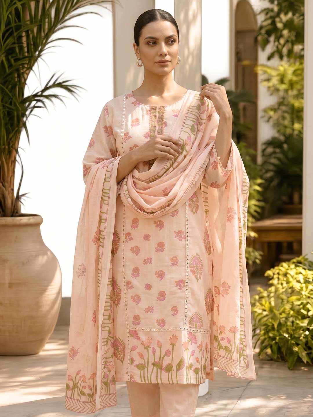 PEACH MUL COTTON SUIT SET WITH FARSHI PANTS