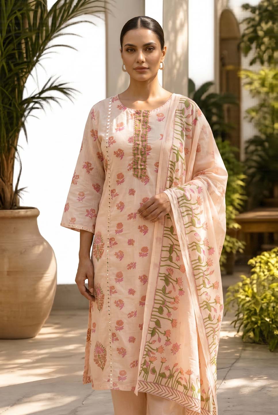 PEACH MUL COTTON SUIT SET WITH FARSHI PANTS