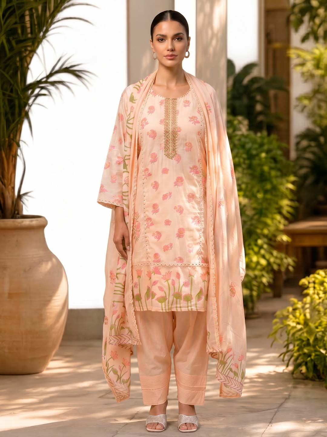 PEACH MUL COTTON SUIT SET WITH FARSHI PANTS