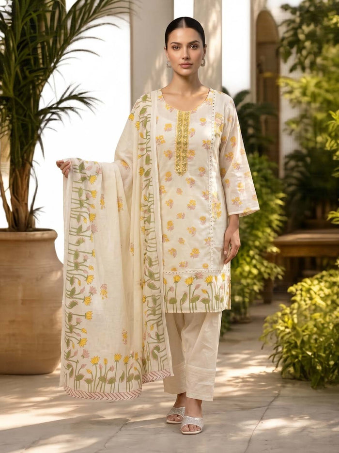CREAM YELLOW MUL COTTON SUIT SET WITH FARSHI PANTS