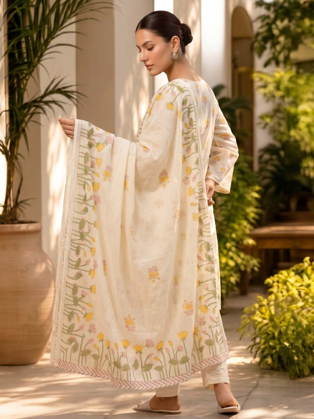 CREAM YELLOW MUL COTTON SUIT SET WITH FARSHI PANTS