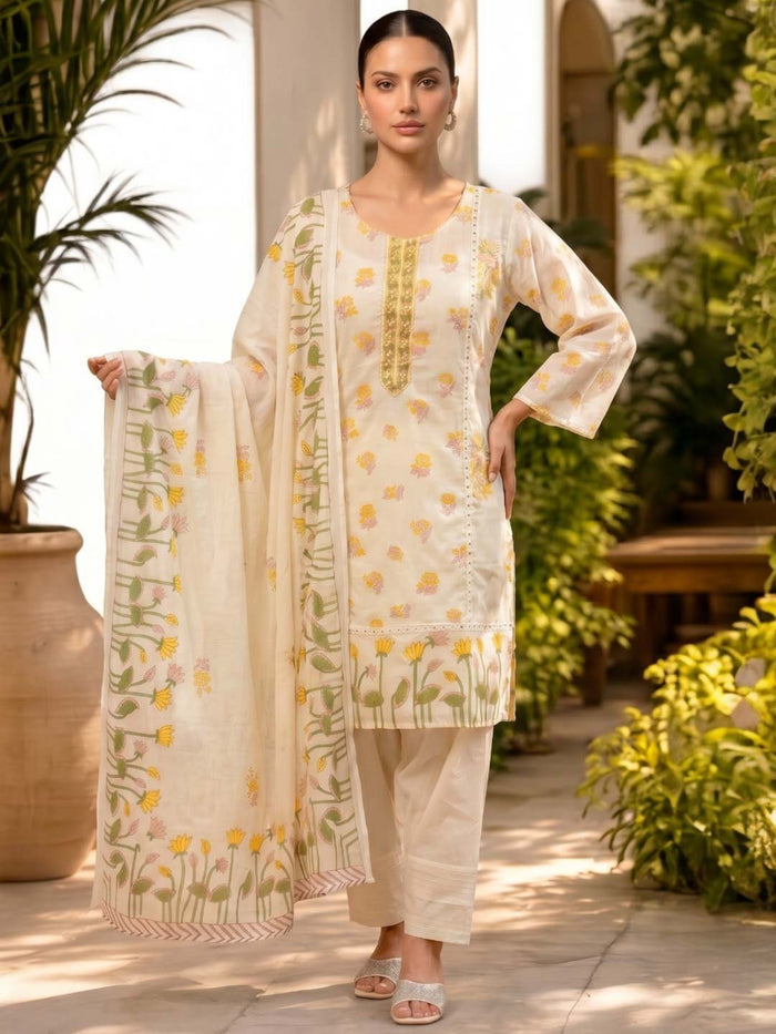 CREAM YELLOW MUL COTTON SUIT SET WITH FARSHI PANTS