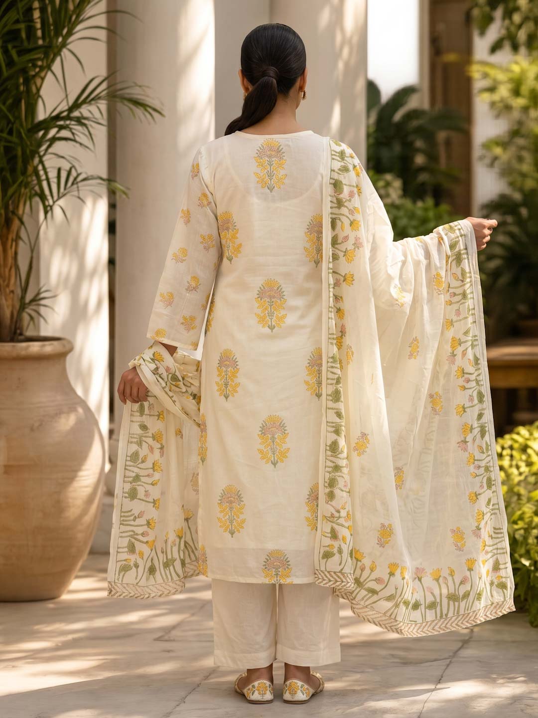 CREAM YELLOW MUL COTTON SUIT SET WITH FARSHI PANTS