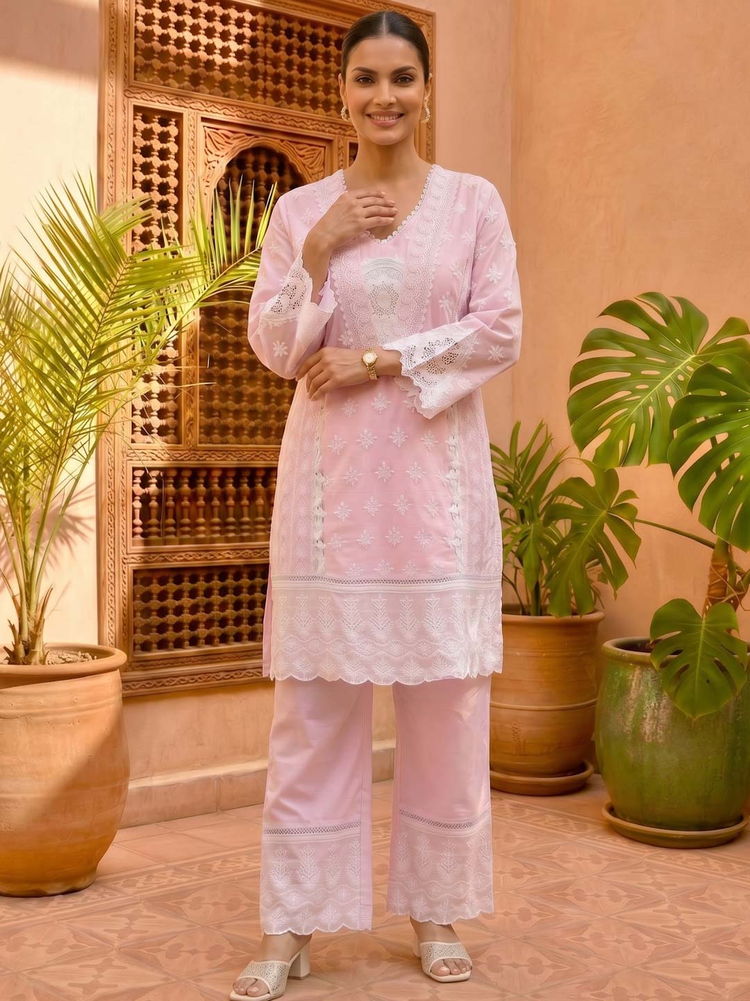 PINK COTTON EMBROIDERED COTTON CO-ORD SET