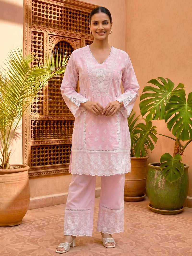 PINK COTTON EMBROIDERED COTTON CO-ORD SET