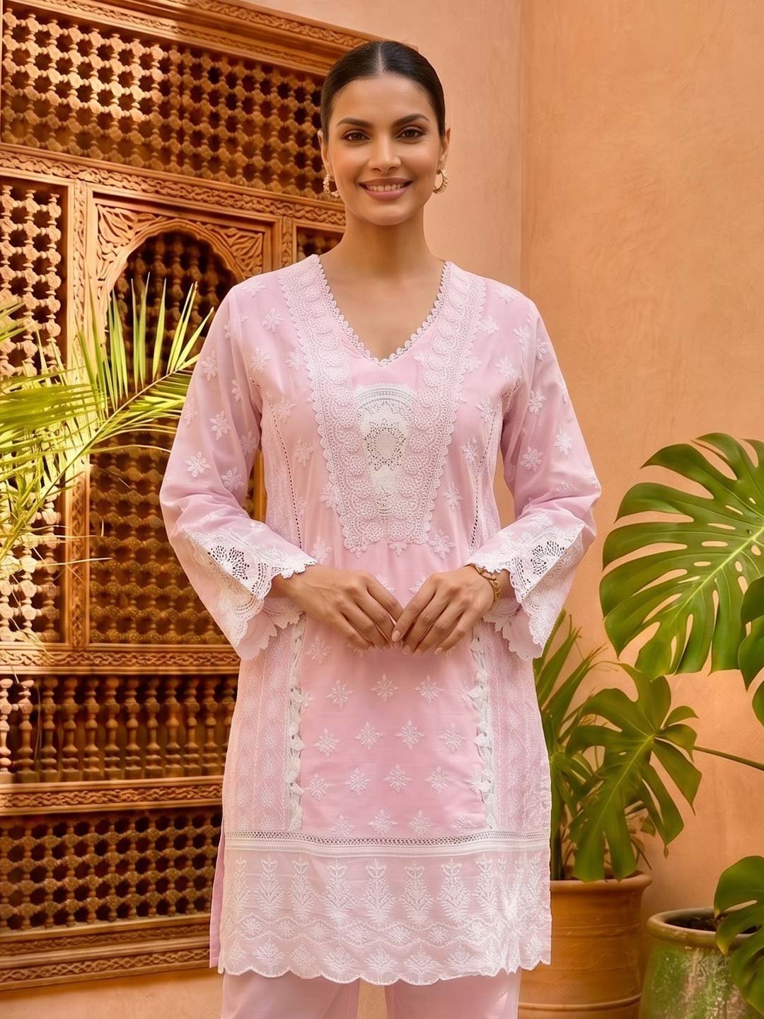 PINK COTTON EMBROIDERED COTTON CO-ORD SET
