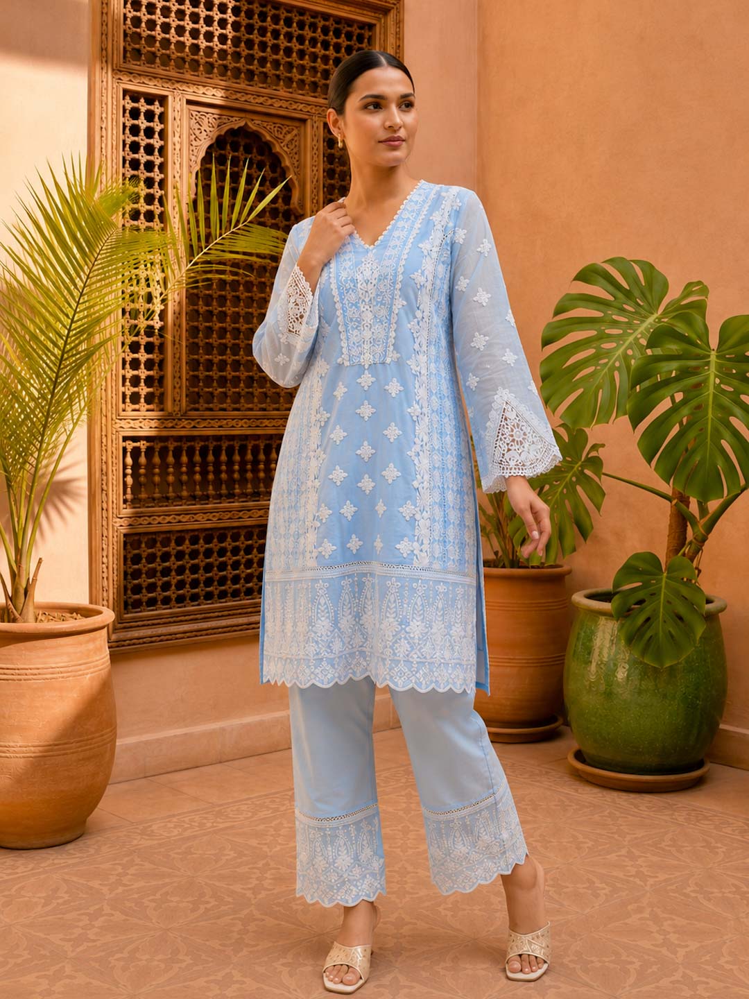 BLUE COTTON EMBROIDERED COTTON CO-ORD SET