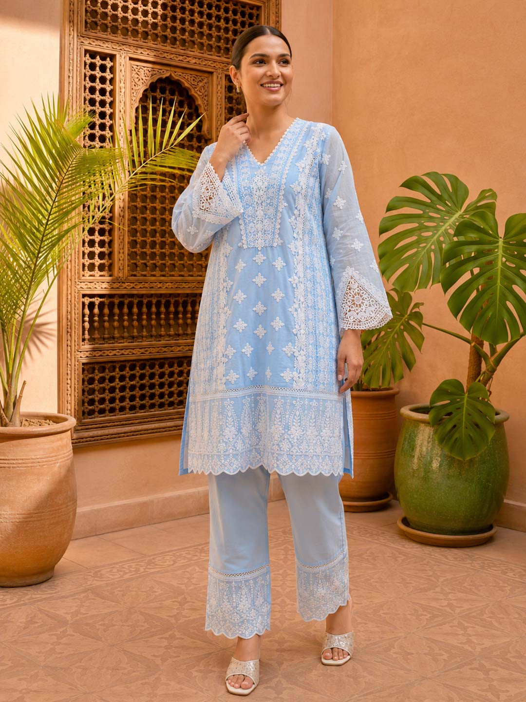 BLUE COTTON EMBROIDERED COTTON CO-ORD SET
