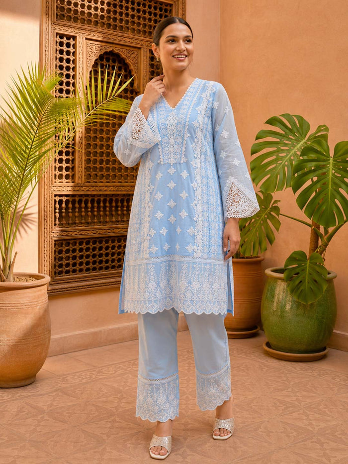 BLUE COTTON EMBROIDERED COTTON CO-ORD SET