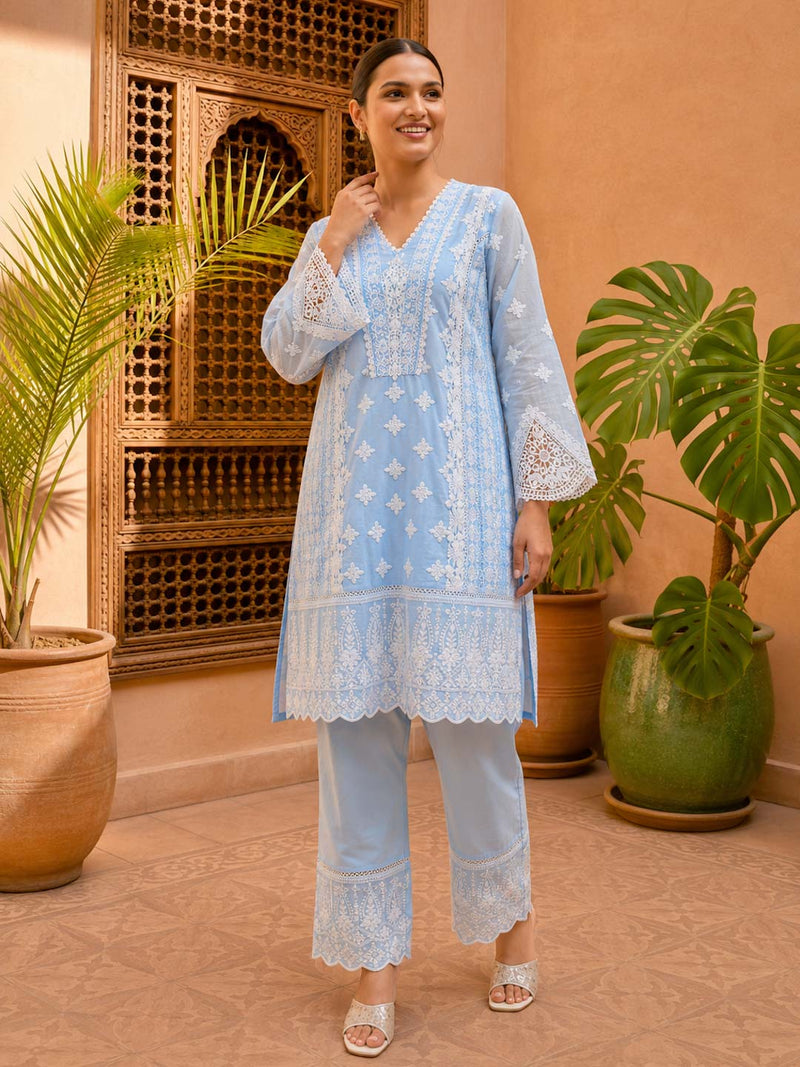 BLUE COTTON EMBROIDERED COTTON CO-ORD SET