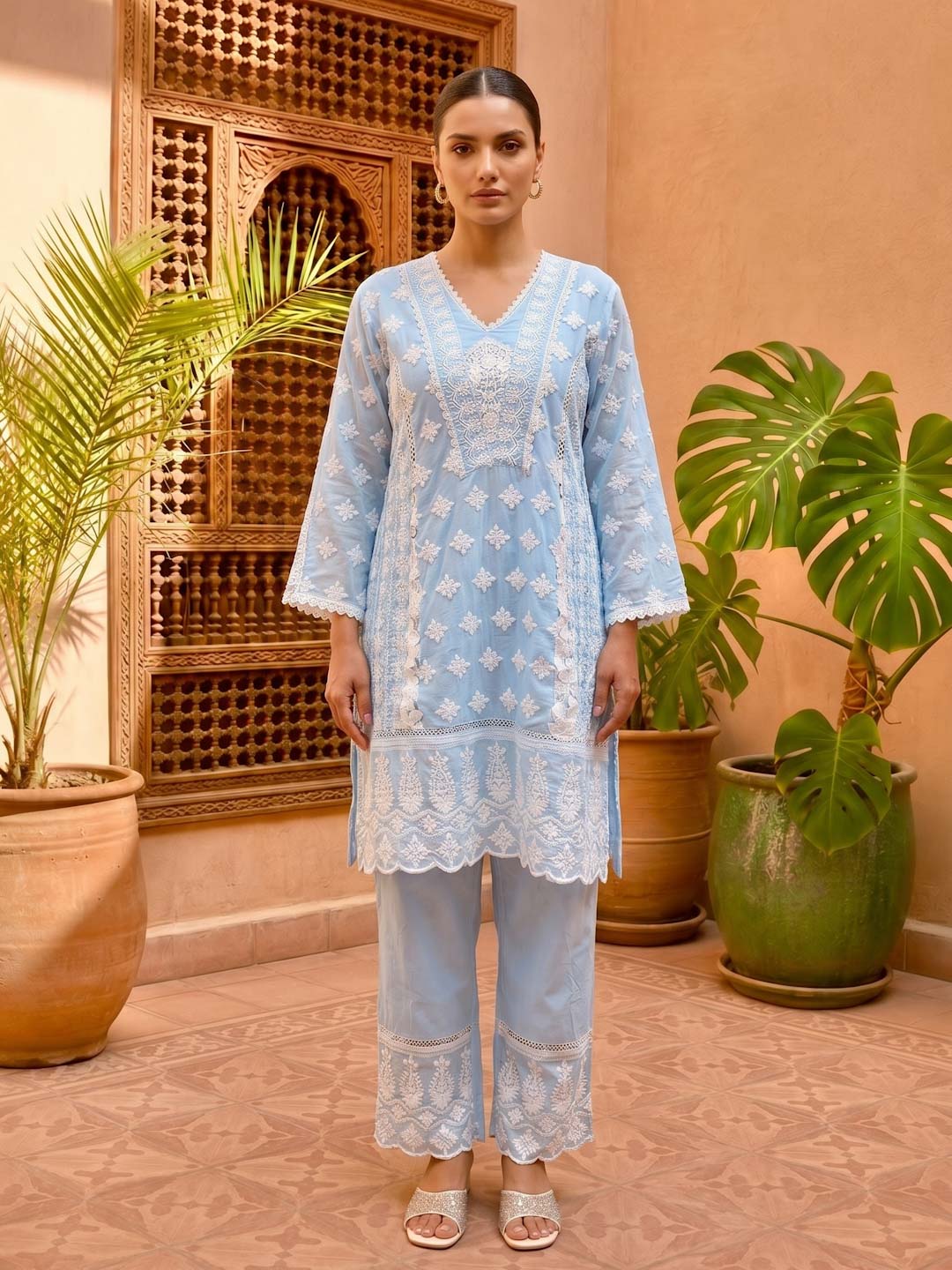 BLUE COTTON EMBROIDERED COTTON CO-ORD SET