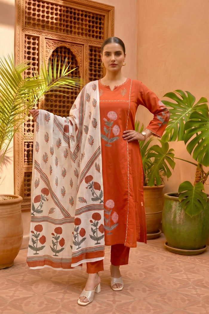 BURNT ORANGE  COTTON HANDBLOCK SUIT SET