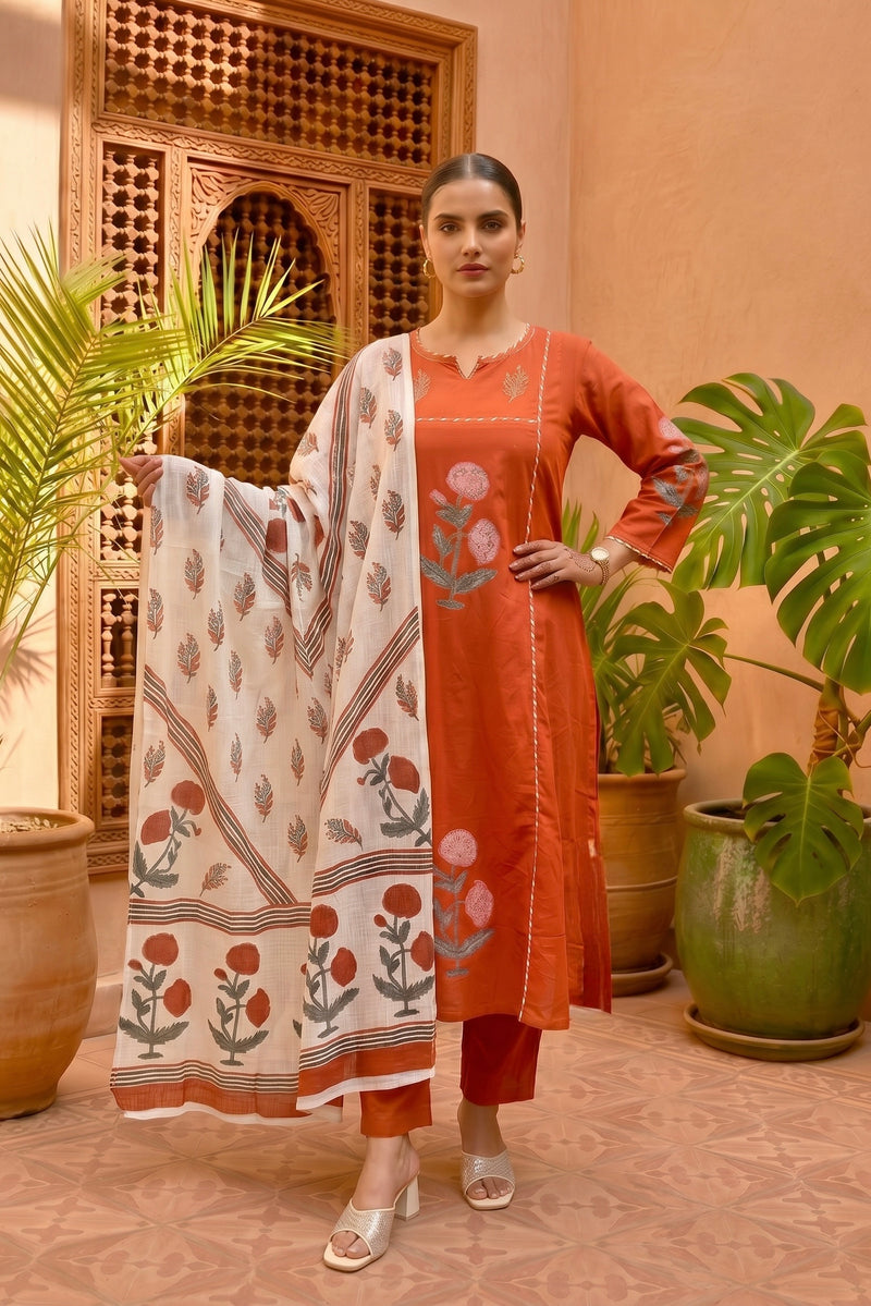 BURNT ORANGE  COTTON HANDBLOCK SUIT SET