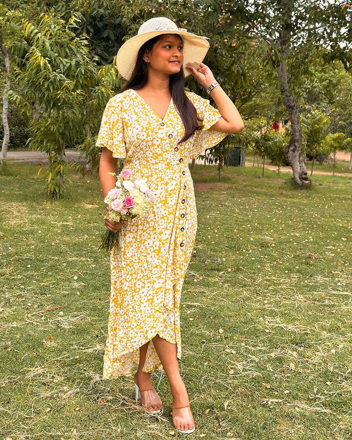 YELLOW ASSYMETRIC RAYON DRESS