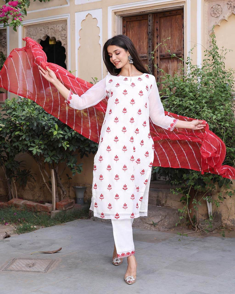 WHITE & RED KOTA DORIA SUIT WITH LEHERIYA DUPATTA