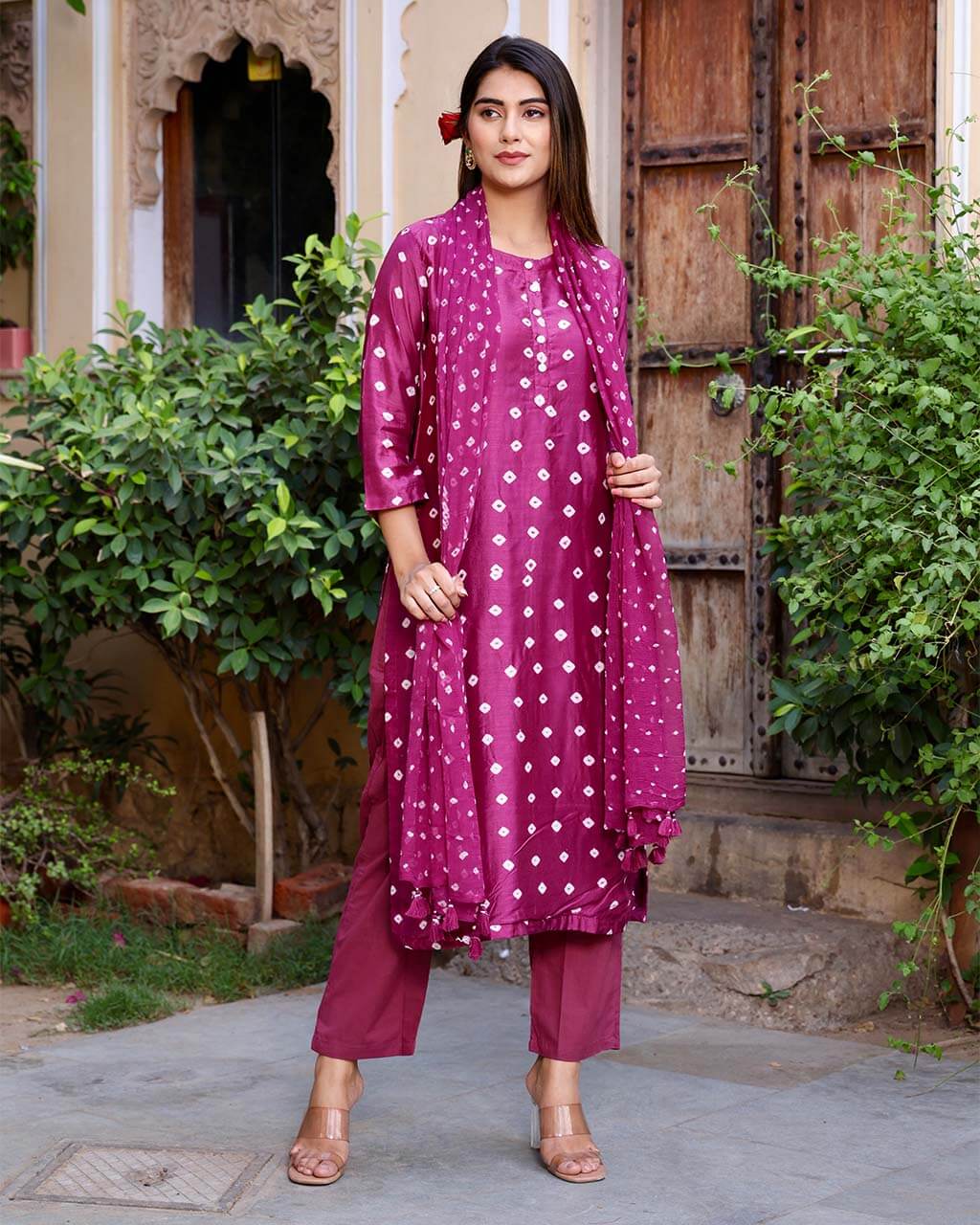 MAGENTA COTTON SILK BANDHEJ SUIT SET