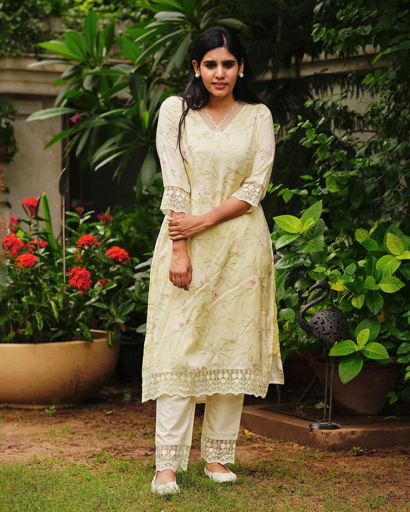 YELLOW MUSLIN KURTA SET WITH LACE WORK