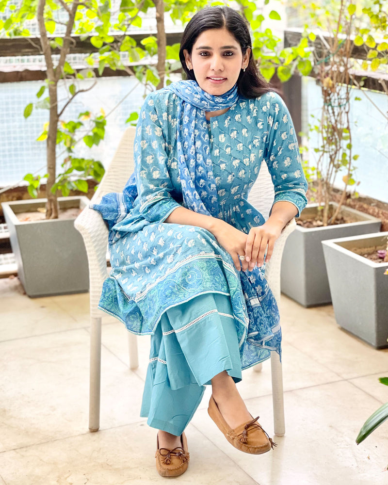 SKY BLUE HANDBLOCK SUIT SET