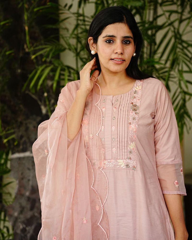 MAUVE CHANDERI SUIT SET WITH ORGANZA DUPATTA