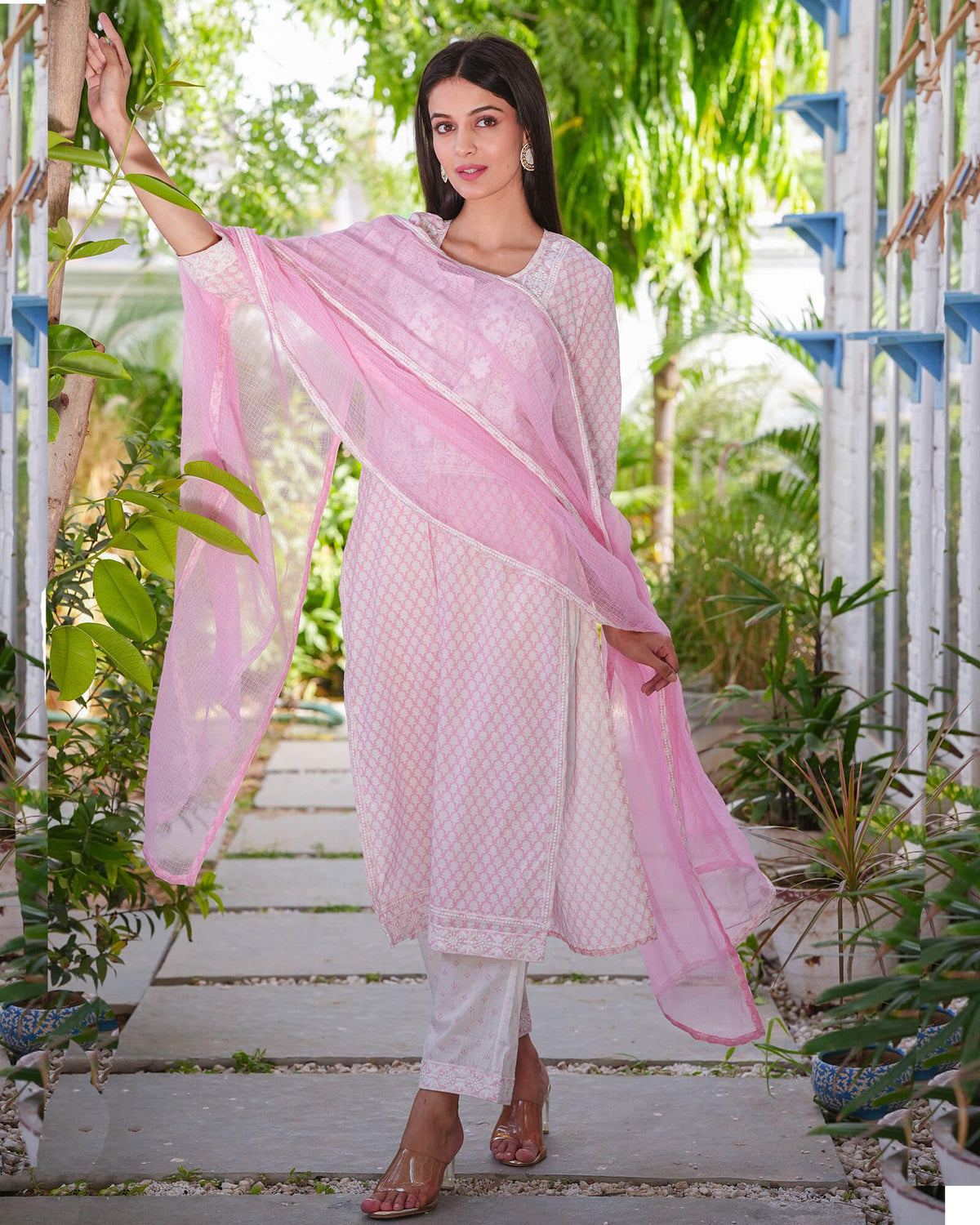 PINK COTTON HANDBLOCK EMBROIDERED SUIT SET