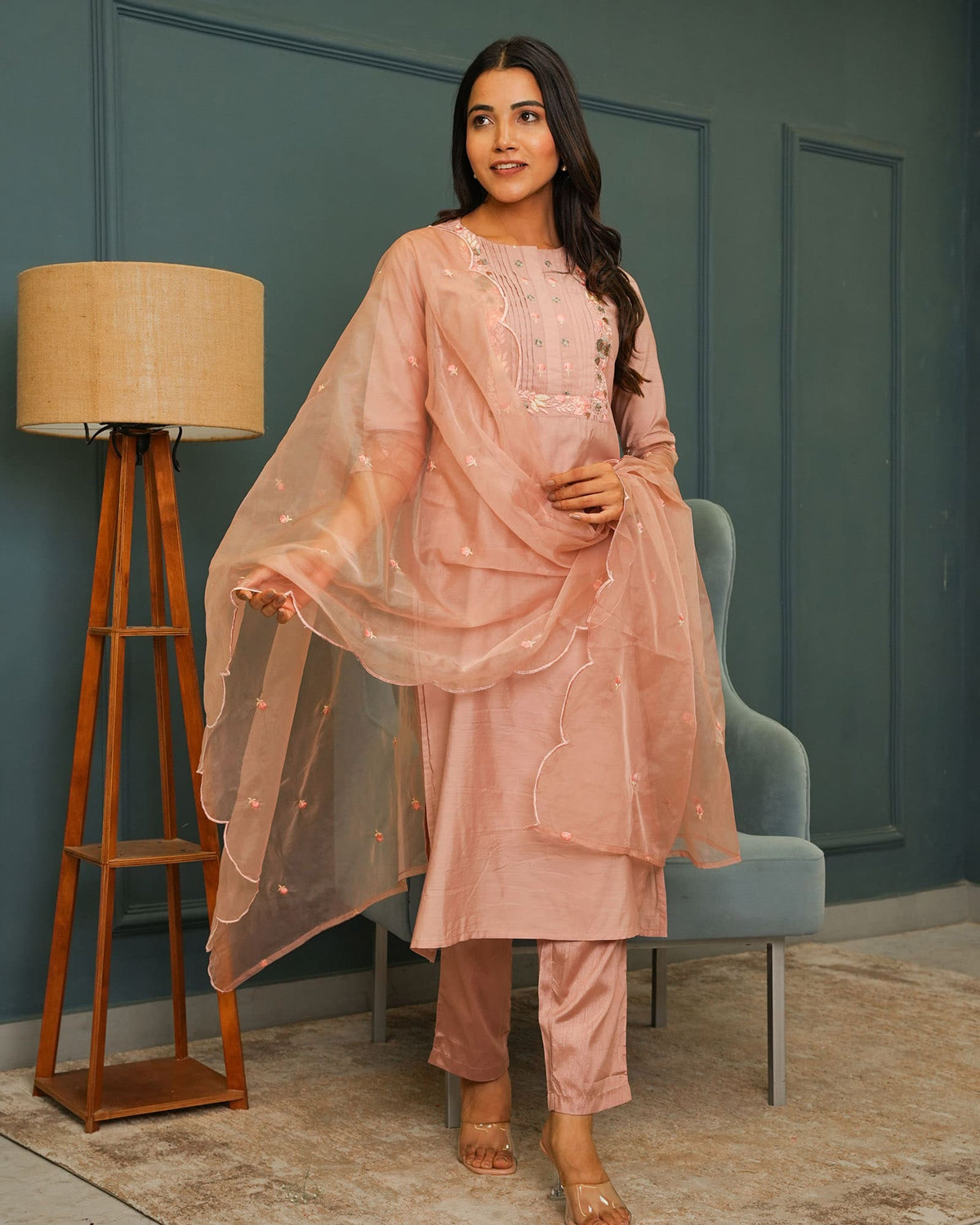 MAUVE CHANDERI SUIT SET WITH ORGANZA DUPATTA