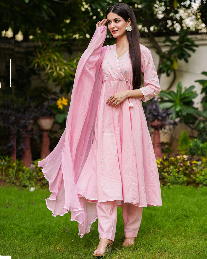 PINK COTTON ANARKALI SUIT SET WITH EMBROIDERY