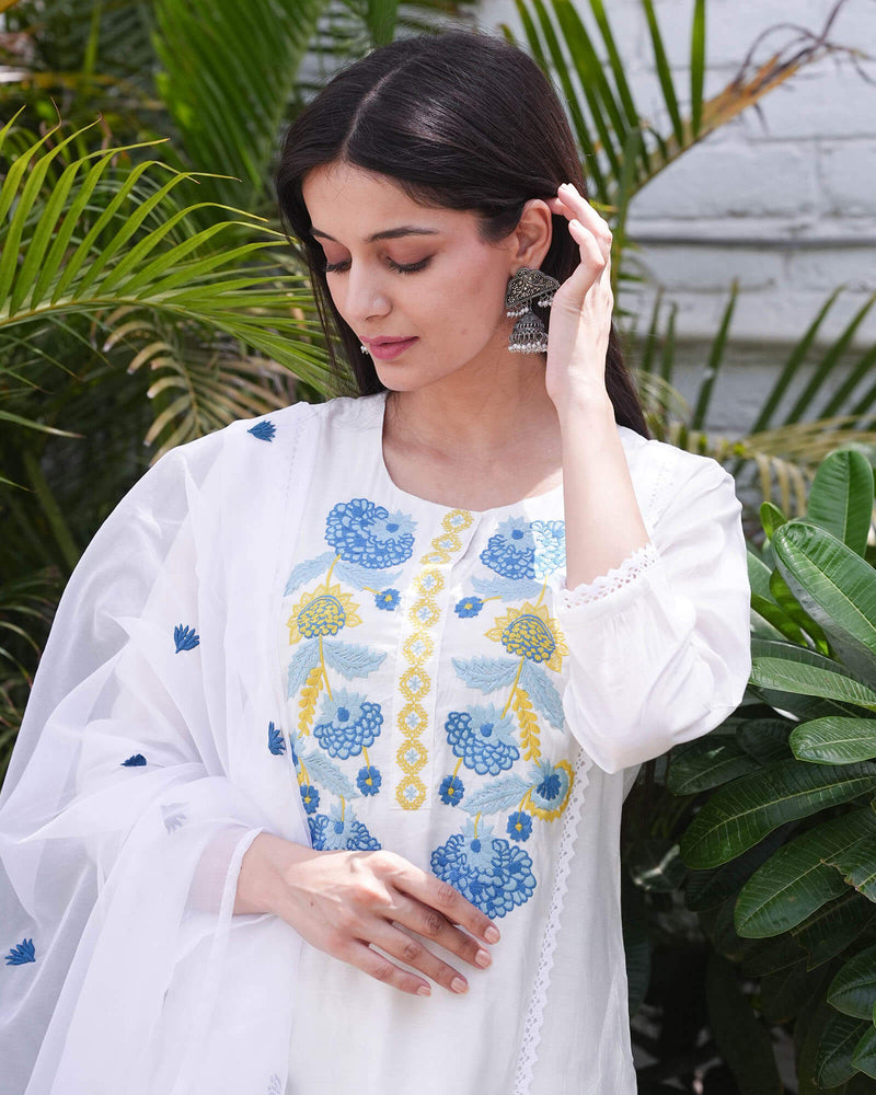 WHITE CHANDERI SUIT SET WITH EMBROIDERY