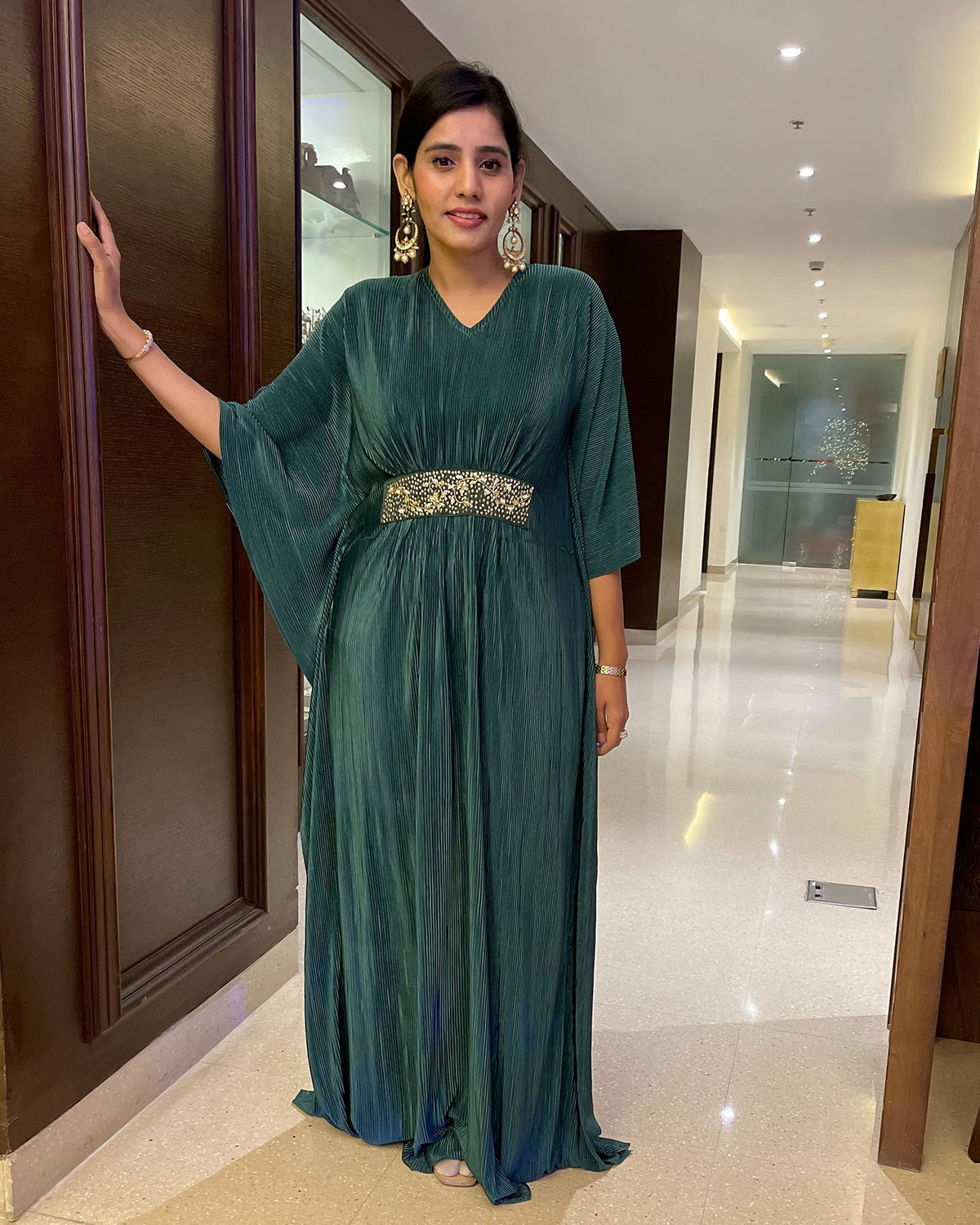 GREEN PLEATED SATIN GOWN WITH HANDWORK