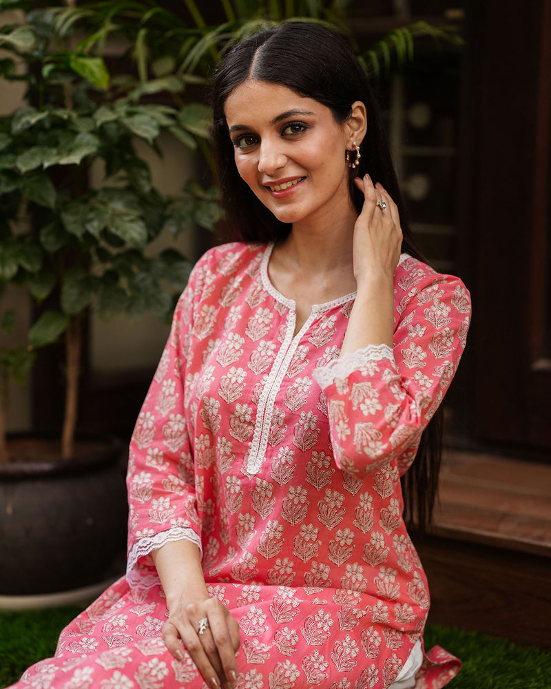 PINK PERFECT COTTON KURTA WITH LACE