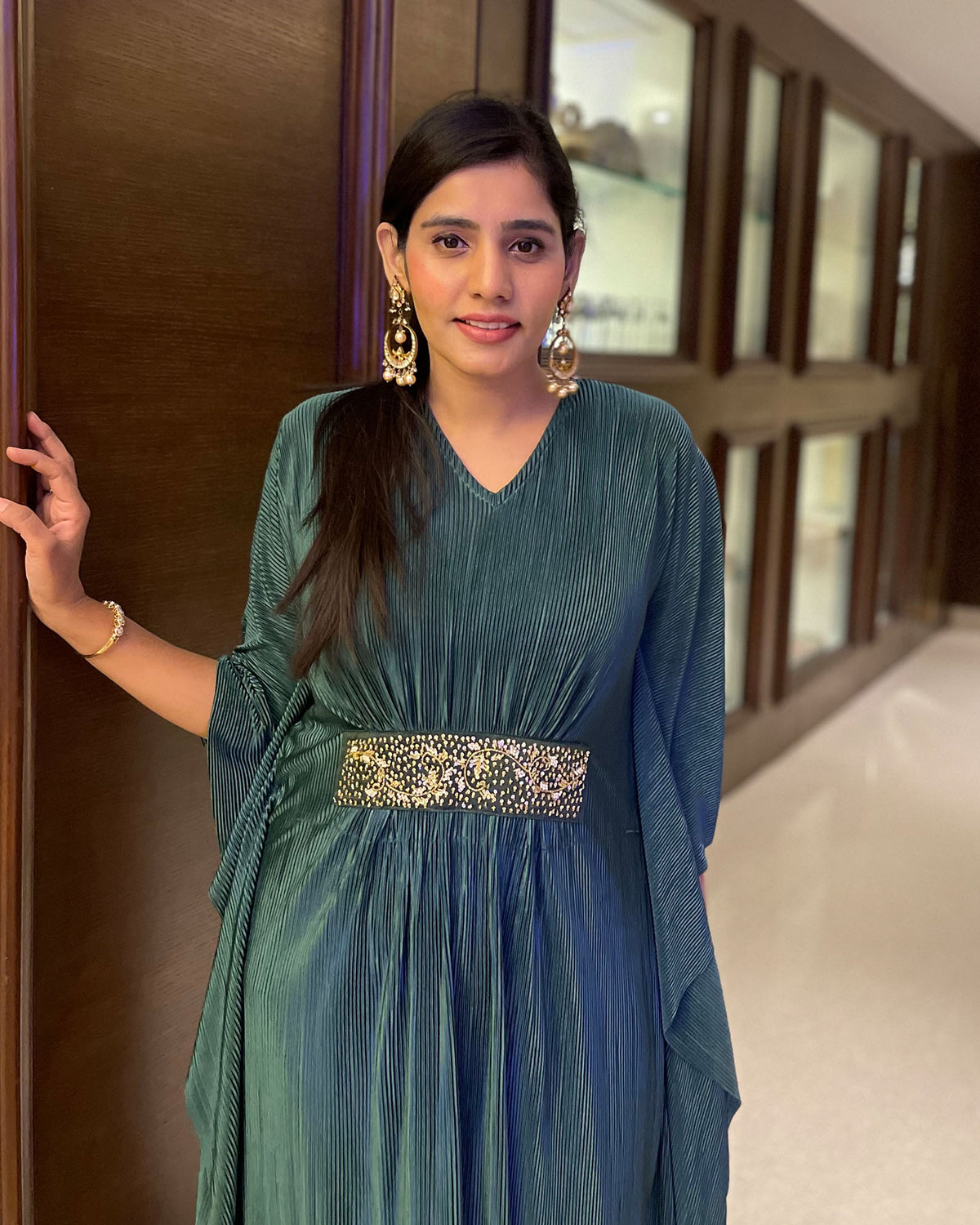 GREEN PLEATED SATIN GOWN WITH HANDWORK