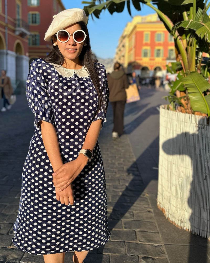 POLKA DOT NAVY SATIN PLEATED DRESS