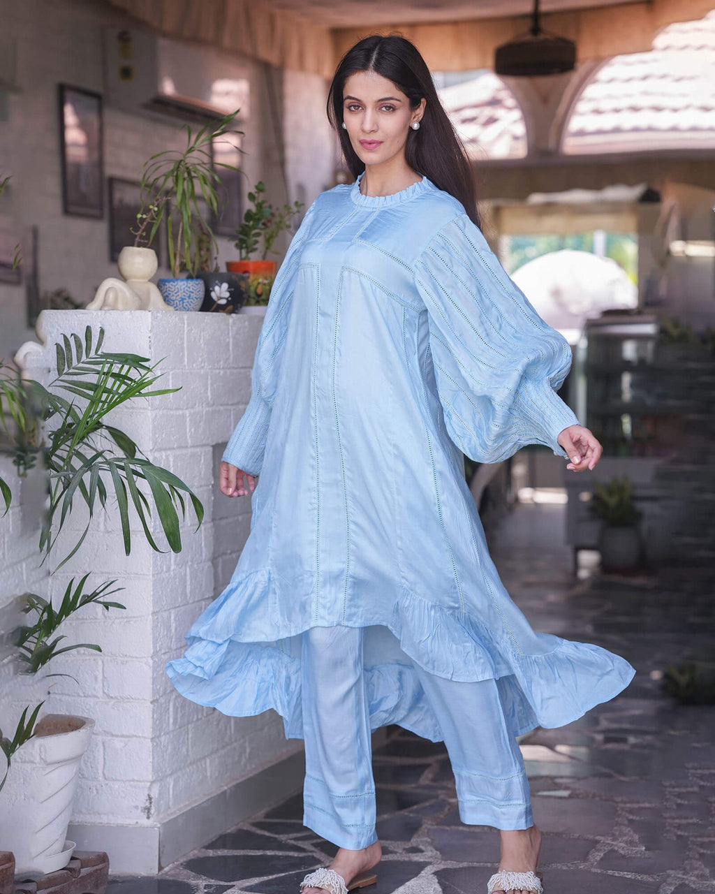 BABY BLUE CO-ORD SET WITH HANDWOVEN LACEWORK