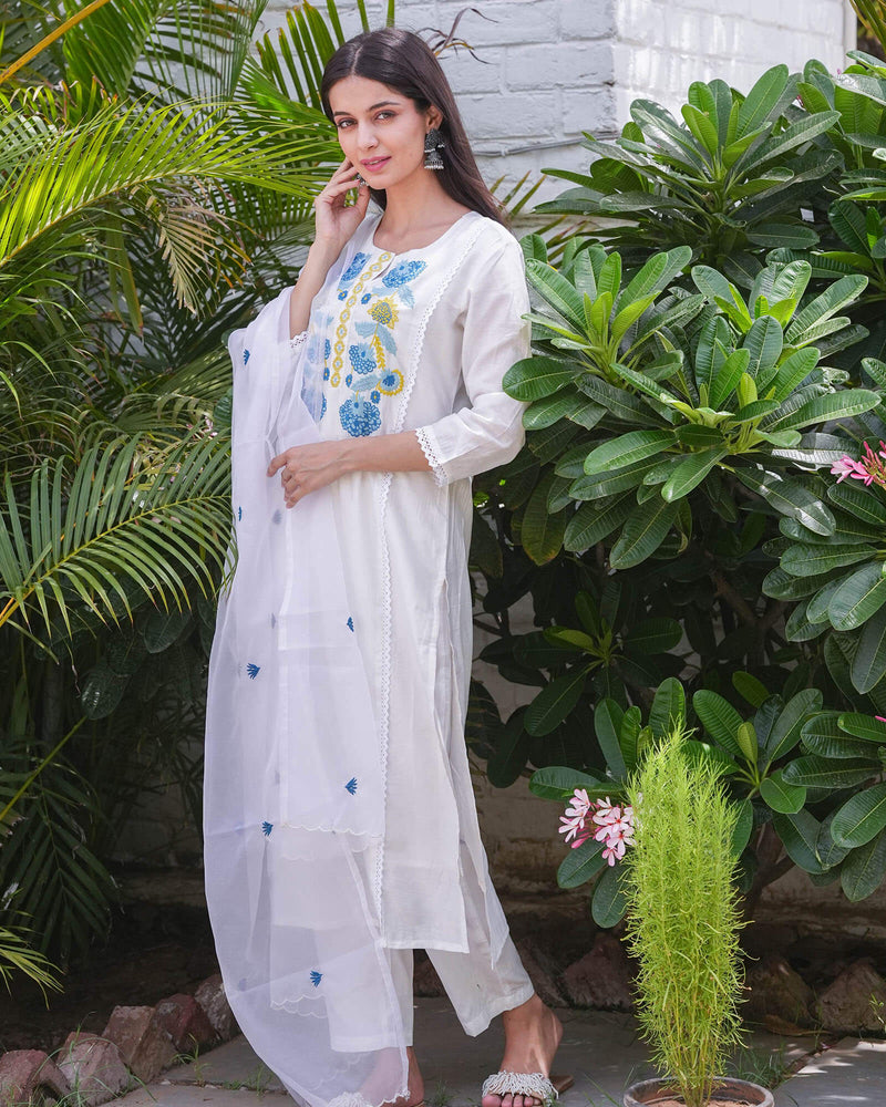 WHITE CHANDERI SUIT SET WITH EMBROIDERY