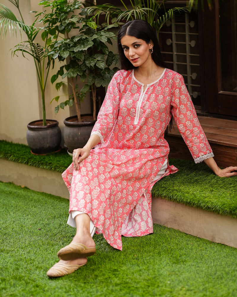 PINK PERFECT COTTON KURTA WITH LACE