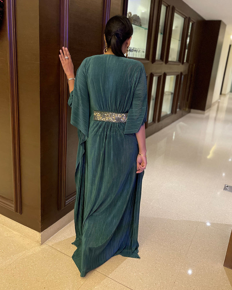 GREEN PLEATED SATIN GOWN WITH HANDWORK